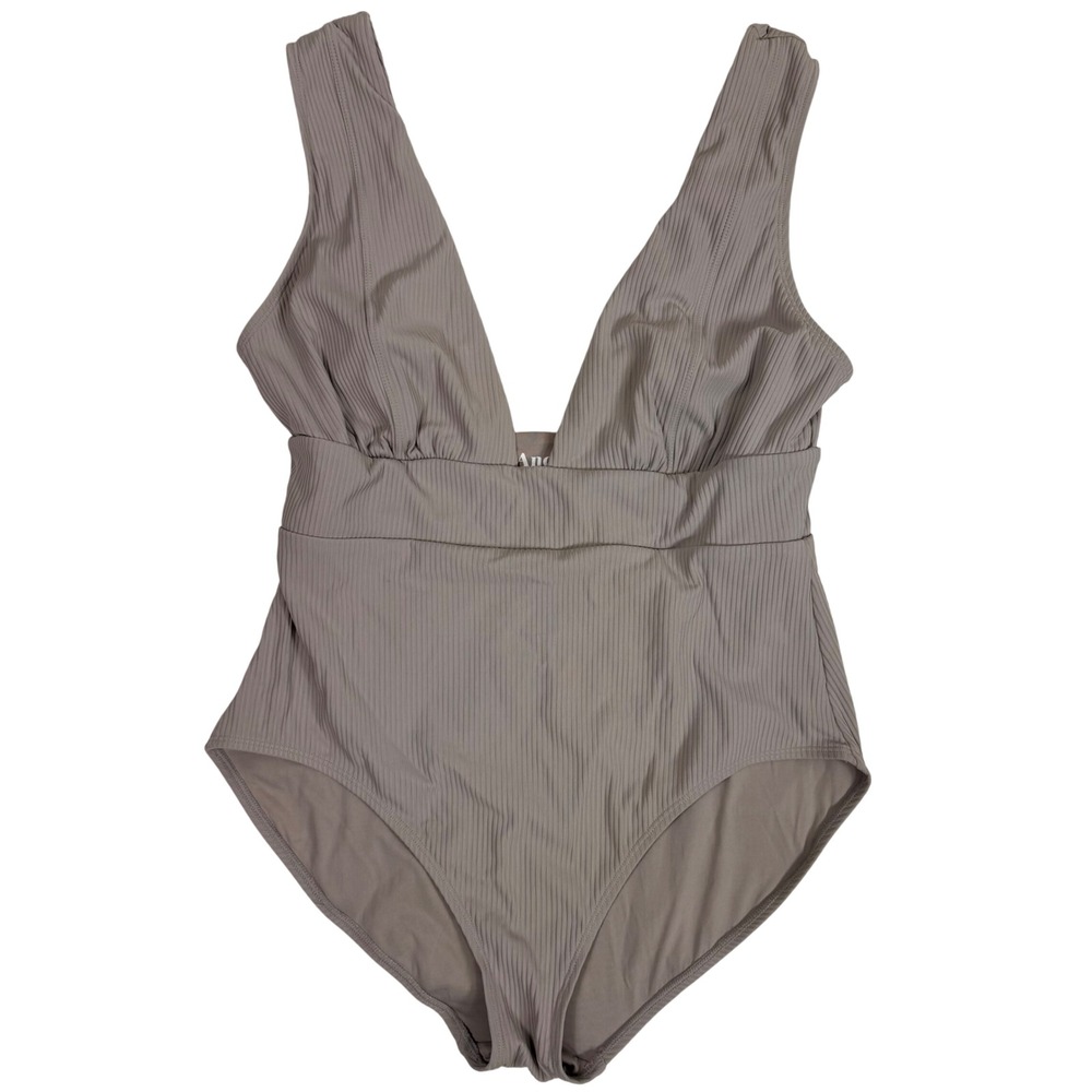 Andie Mykonos Ribbed One Piece Swimsuit Deep V Neck‎ Taupe XL